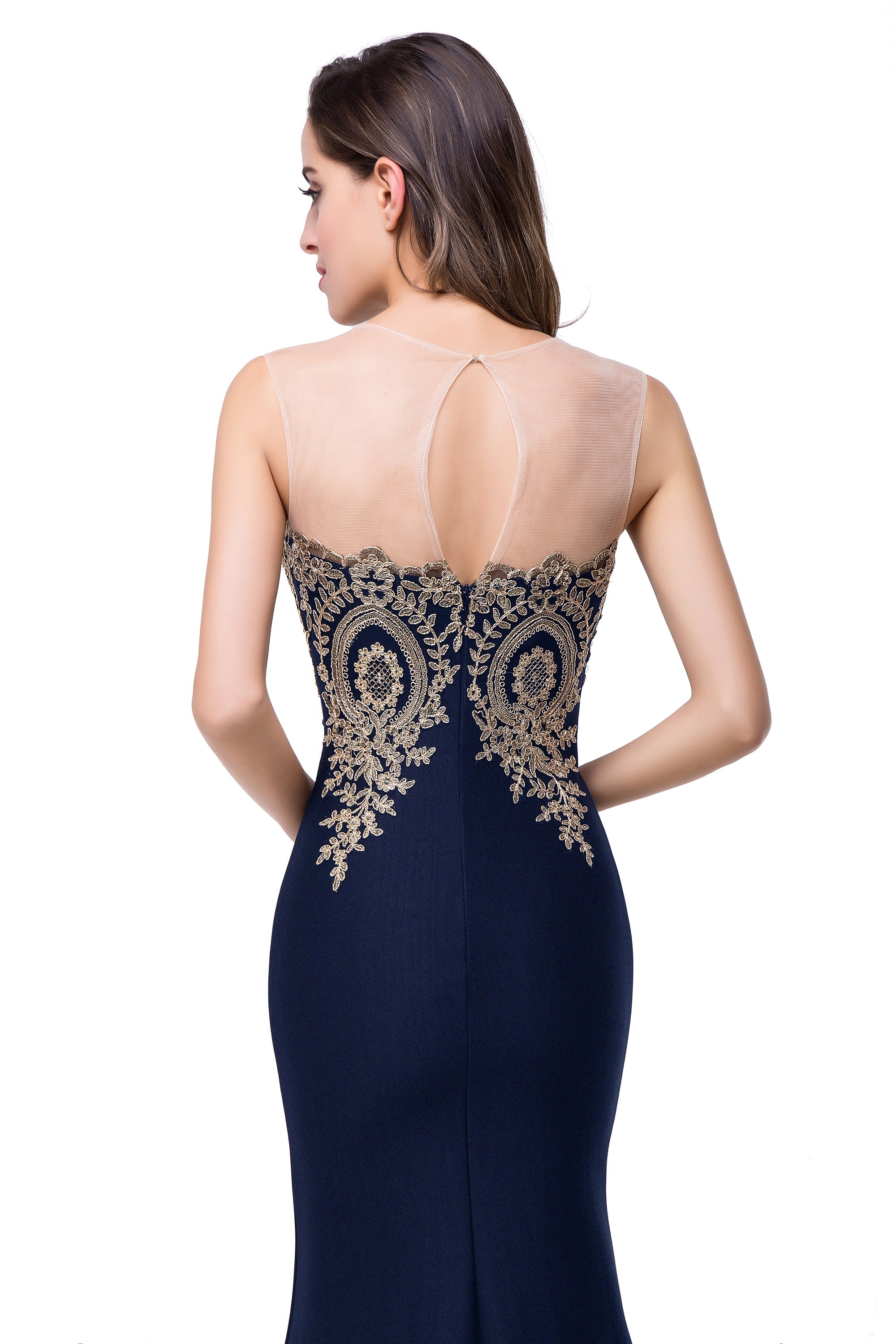 Mermaid Floor-Length Sheer Floor Length Dresses with Rhinestone Appliques-BMbridal