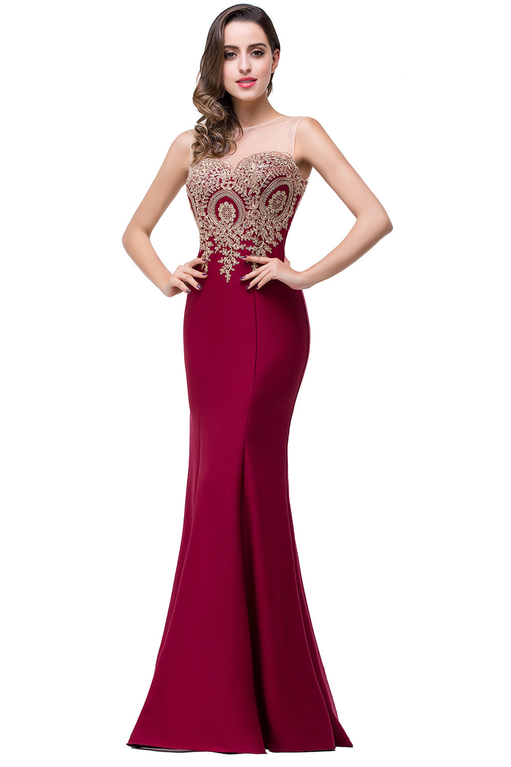 Mermaid Floor-Length Sheer Floor Length Dresses with Rhinestone Appliques-BMbridal