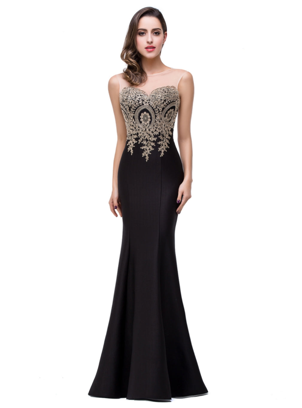 Mermaid Floor-Length Sheer Floor Length Dresses with Rhinestone Appliques-BMbridal