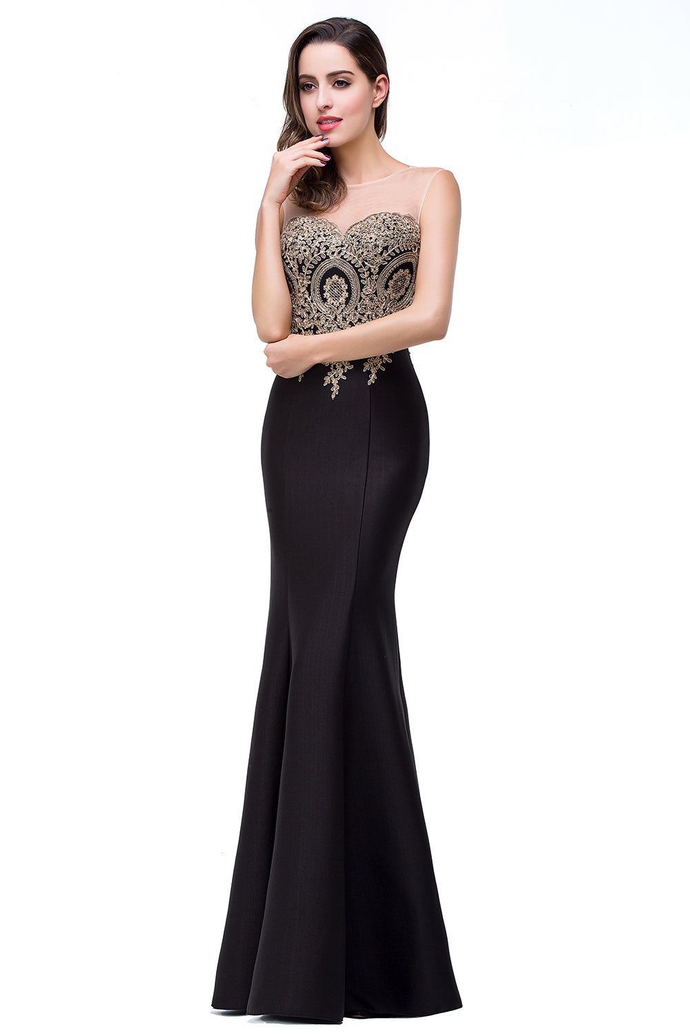 Mermaid Floor-Length Sheer Floor Length Dresses with Rhinestone Appliques-BMbridal