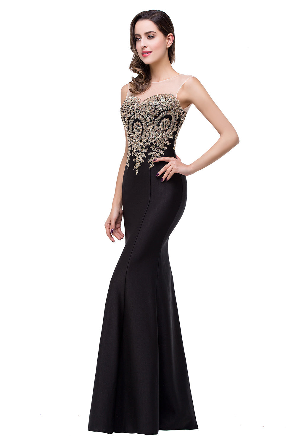 Mermaid Floor-Length Sheer Floor Length Dresses with Rhinestone Appliques-BMbridal