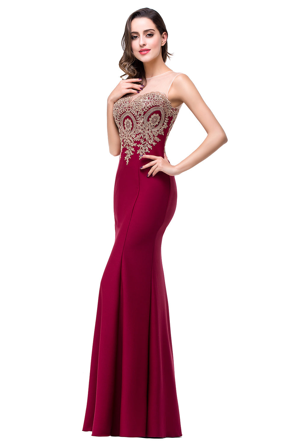 Mermaid Floor-Length Sheer Floor Length Dresses with Rhinestone Appliques-BMbridal