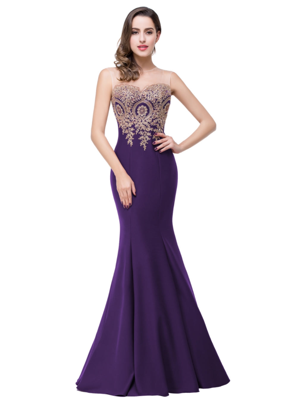 Mermaid Floor-Length Sheer Floor Length Dresses with Rhinestone Appliques-BMbridal
