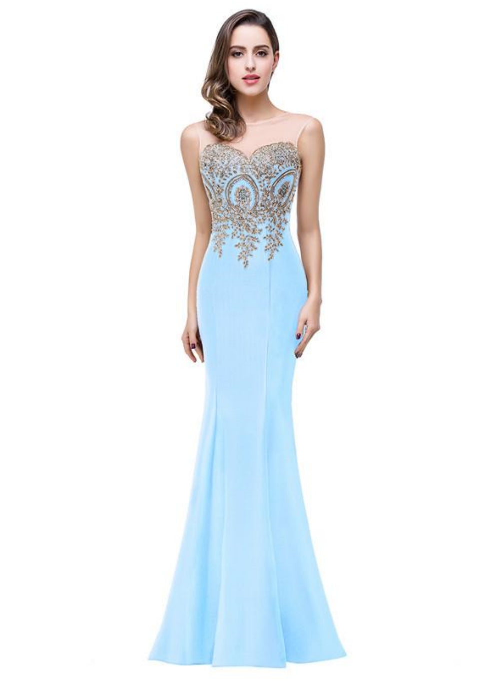 Mermaid Floor-Length Sheer Floor Length Dresses with Rhinestone Appliques-BMbridal