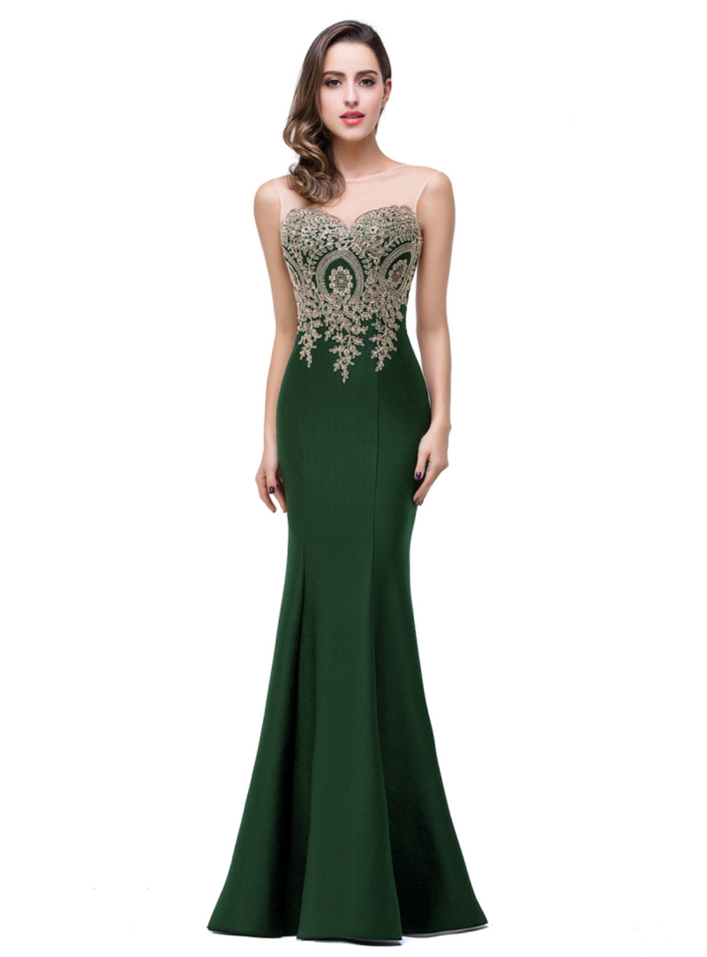 Mermaid Floor-Length Sheer Floor Length Dresses with Rhinestone Appliques-BMbridal