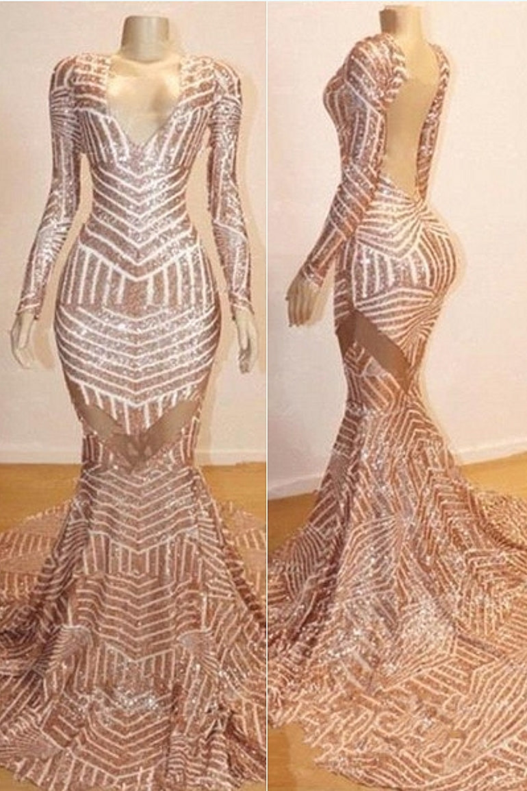Mermaid Long Sleeves V-neck Sequined Sweep Train Prom Dresses-BMbridal.com
