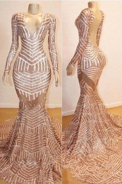Mermaid Long Sleeves V-neck Sequined Sweep Train Prom Dresses-BMbridal.com