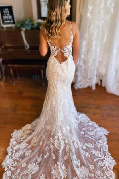 Mermaid Spaghetti Straps V-neck Backless Lace Wedding Dresses-BMbridal.com