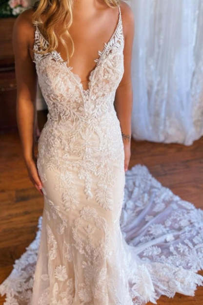 Mermaid Spaghetti Straps V-neck Backless Lace Wedding Dresses-BMbridal.com