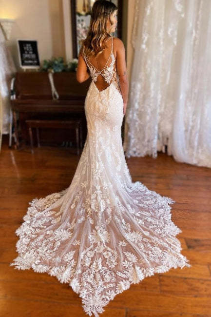 Mermaid Spaghetti Straps V-neck Backless Lace Wedding Dresses-BMbridal.com