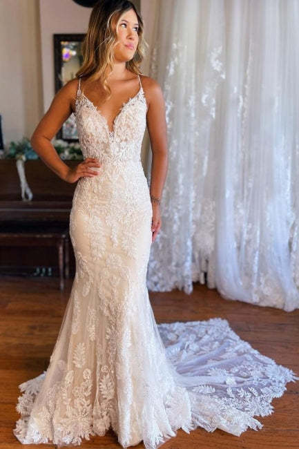 Mermaid Spaghetti Straps V-neck Backless Lace Wedding Dresses-BMbridal.com