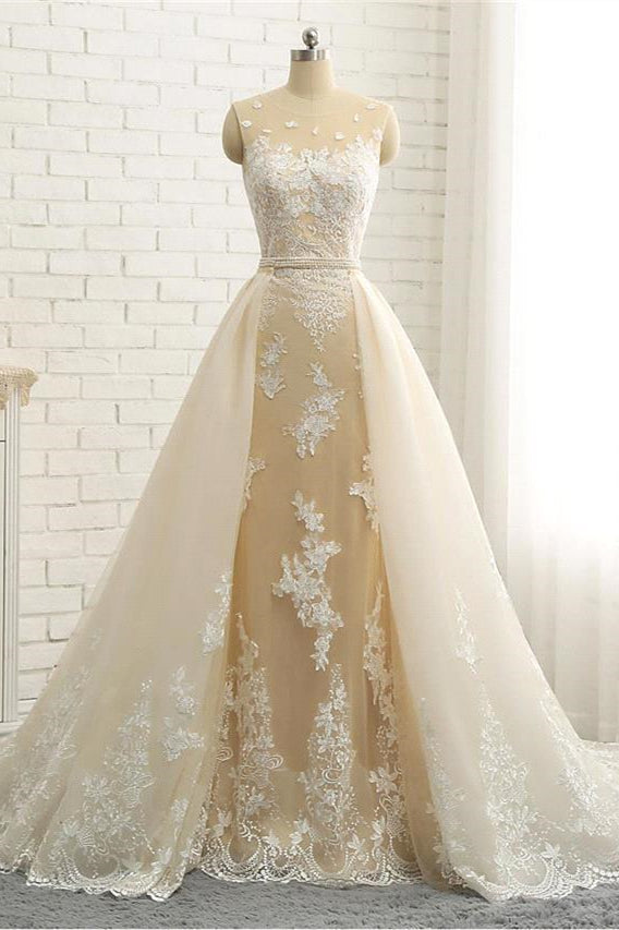 Mermaid \ Trumpet Jewel Neck Chapel Train Lace Tulle Lace Over Satin Regular Straps Formal See-Through Wedding Dresses-BMbridal