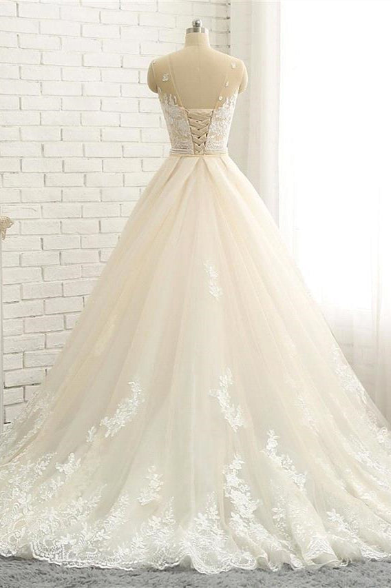 Mermaid \ Trumpet Jewel Neck Chapel Train Lace Tulle Lace Over Satin Regular Straps Formal See-Through Wedding Dresses-BMbridal