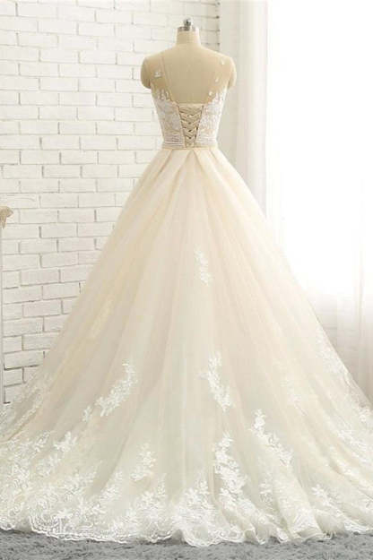 Mermaid \ Trumpet Jewel Neck Chapel Train Lace Tulle Lace Over Satin Regular Straps Formal See-Through Wedding Dresses-BMbridal