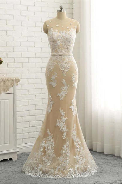 Mermaid \ Trumpet Jewel Neck Chapel Train Lace Tulle Lace Over Satin Regular Straps Formal See-Through Wedding Dresses-BMbridal