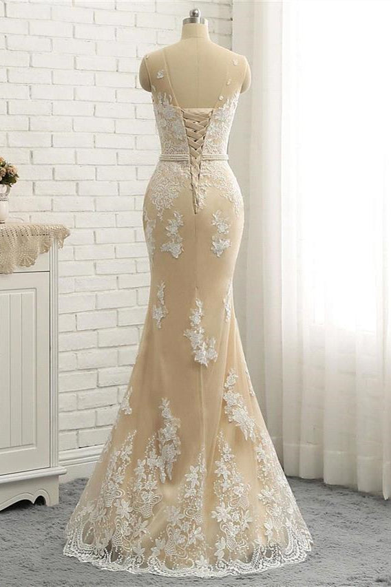 Mermaid \ Trumpet Jewel Neck Chapel Train Lace Tulle Lace Over Satin Regular Straps Formal See-Through Wedding Dresses-BMbridal