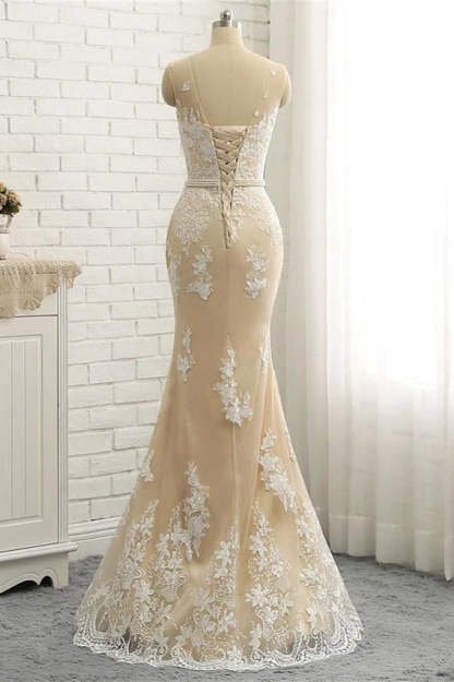 Mermaid \ Trumpet Jewel Neck Chapel Train Lace Tulle Lace Over Satin Regular Straps Formal See-Through Wedding Dresses-BMbridal