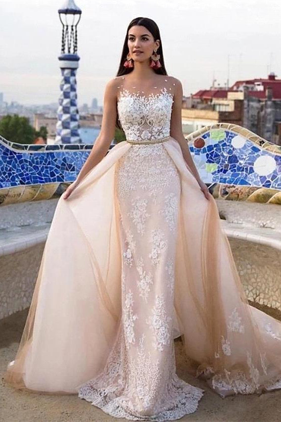 Mermaid \ Trumpet Jewel Neck Chapel Train Lace Tulle Lace Over Satin Regular Straps Formal See-Through Wedding Dresses-BMbridal