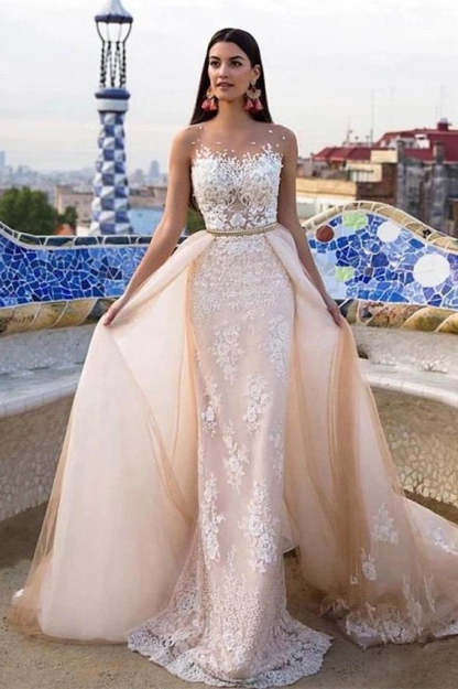 Mermaid \ Trumpet Jewel Neck Chapel Train Lace Tulle Lace Over Satin Regular Straps Formal See-Through Wedding Dresses-BMbridal