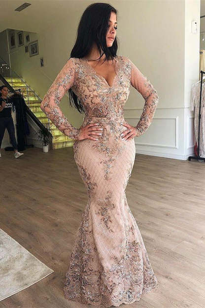 Mermaid V-neck Long Sleeves Appliqued Prom Dresses with Detachable Skirt-BMbridal.com