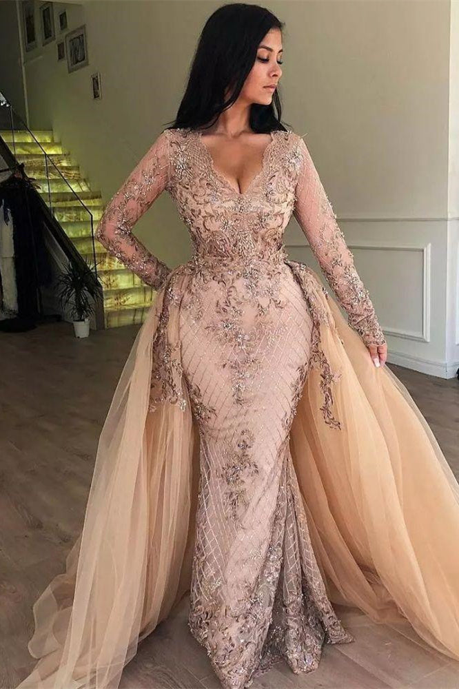 Mermaid V-neck Long Sleeves Appliqued Prom Dresses with Detachable Skirt-BMbridal.com