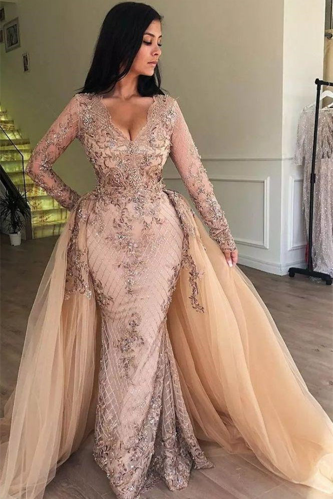 Mermaid V-neck Long Sleeves Appliqued Prom Dresses with Detachable Skirt-BMbridal.com