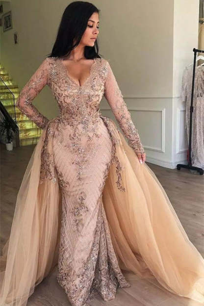 Mermaid V-neck Long Sleeves Appliqued Prom Dresses with Detachable Skirt-BMbridal.com