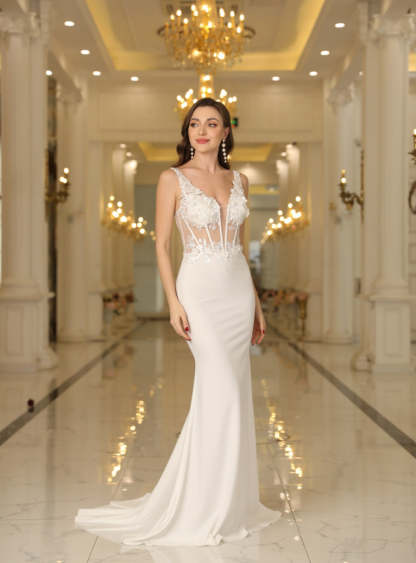Mermaid V-Neck Sleeveless Lace Appliques Floor-Length Dress-BMbridal