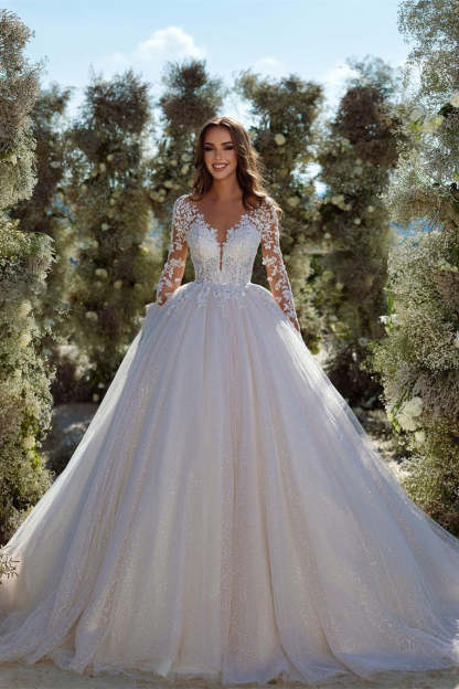 Modern A-line Lace Tulle Appliques Wedding Dress With Long Sleeves-BMbridal.com