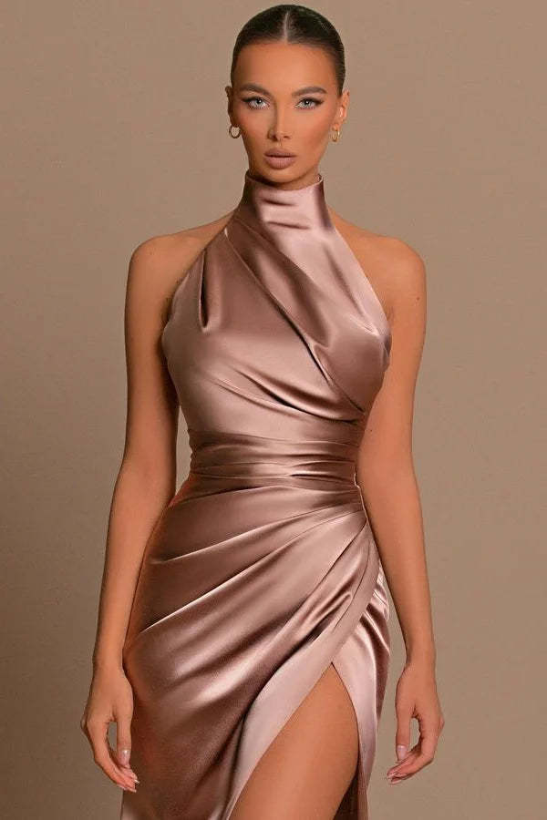 Modern Long A-line High Neck Sleeveless Prom Dress With Slit-BMbridal.com