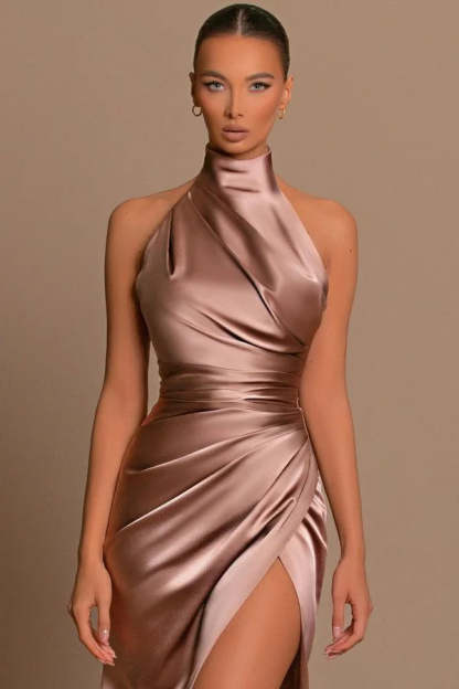 Modern Long A-line High Neck Sleeveless Prom Dress With Slit-BMbridal.com