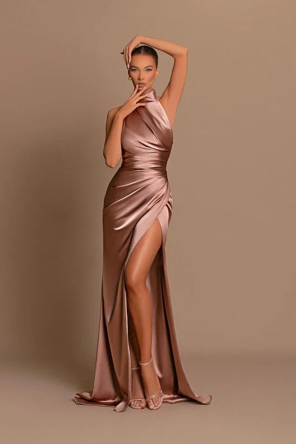 Modern Long A-line High Neck Sleeveless Prom Dress With Slit-BMbridal.com