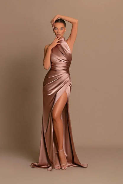 Modern Long A-line High Neck Sleeveless Prom Dress With Slit-BMbridal.com