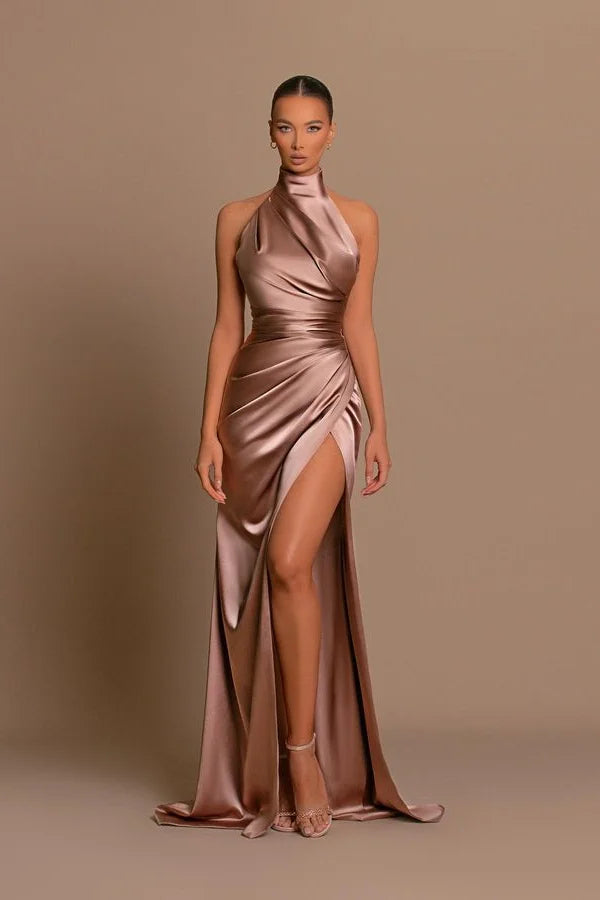 Modern Long A-line High Neck Sleeveless Prom Dress With Slit-BMbridal.com