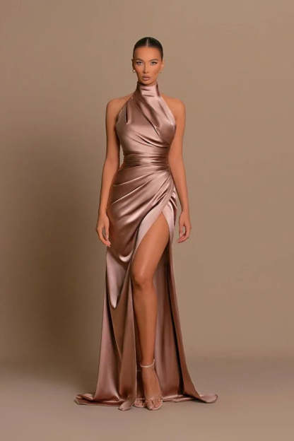 Modern Long A-line High Neck Sleeveless Prom Dress With Slit-BMbridal.com