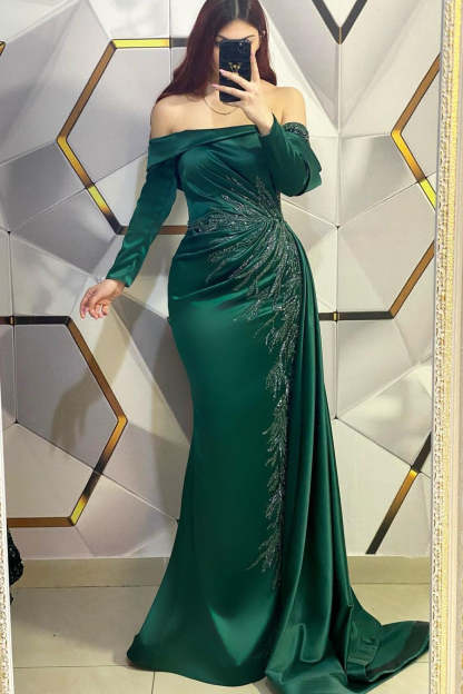 Modern Long Dark Green Mermaid Off-the-shoulder Lace Prom Dress With Long Sleeves-BMbridal.com