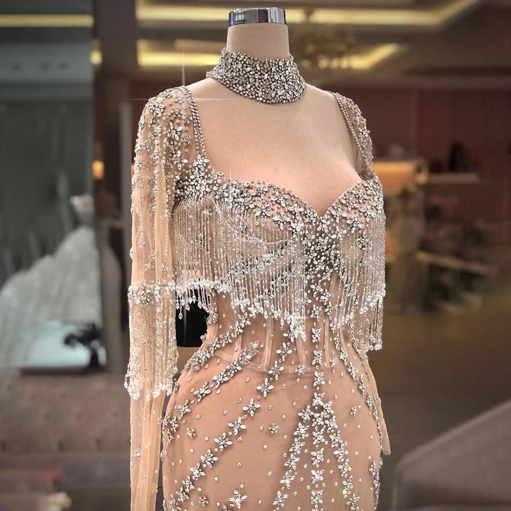 Modern Long Mermaid Beading Long Sleeves Prom Dress With Train-BMbridal.com