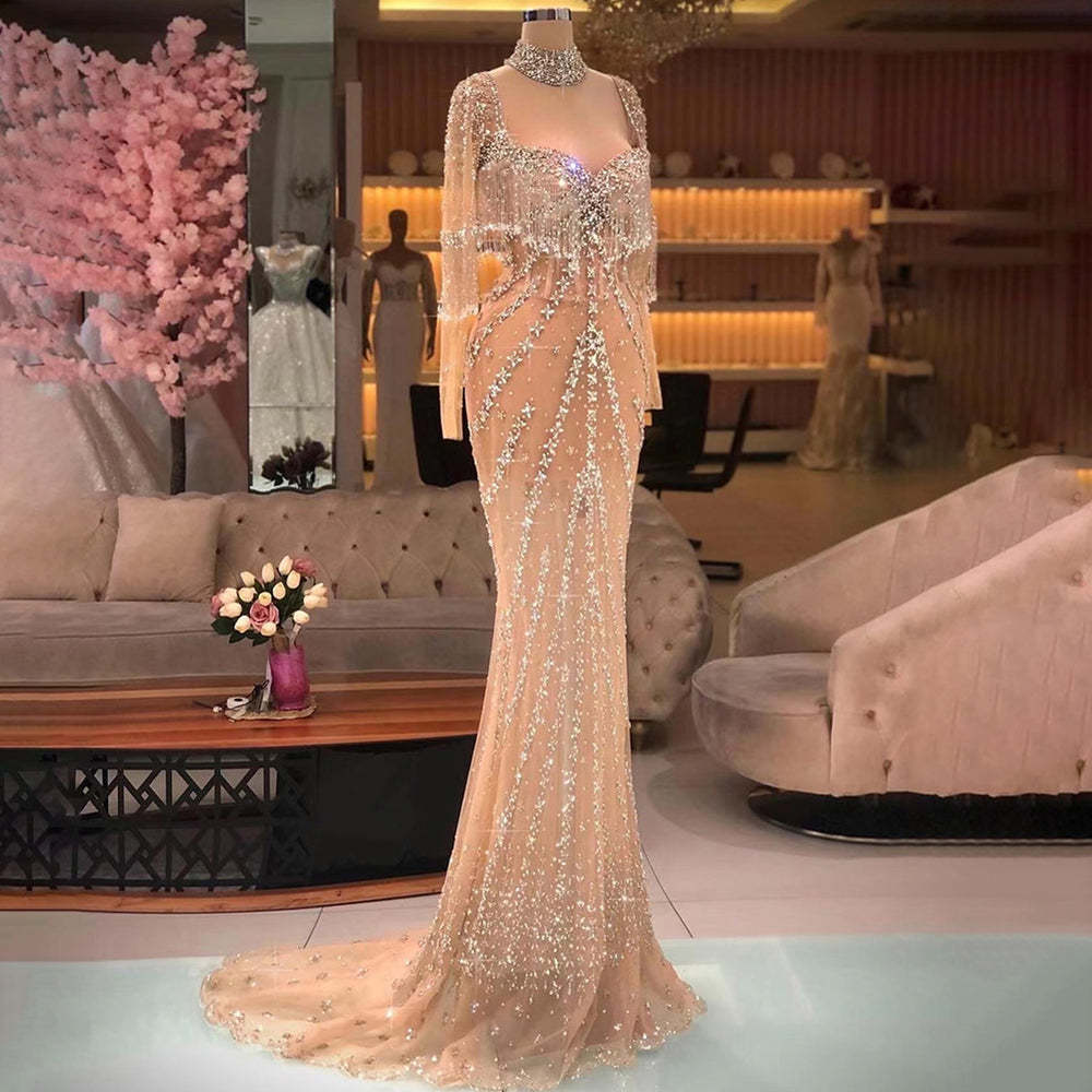 Modern Long Mermaid Beading Long Sleeves Prom Dress With Train-BMbridal.com