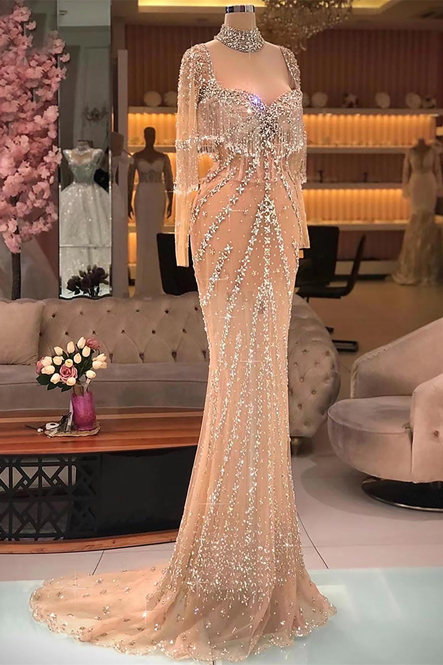 Modern Long Mermaid Beading Long Sleeves Prom Dress With Train-BMbridal.com