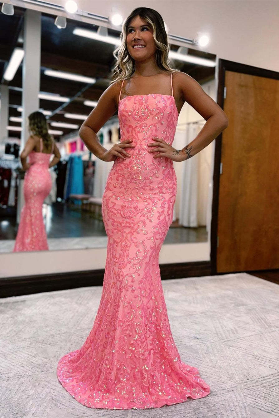 Modern Pink Long Spaghetti Straps Mermaid Prom Dress With Lace-BMbridal.com