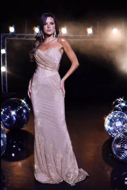 Modern Pink Off-the-shoulder Sequined Sleeveless Mermaid Evening Dress-BMbridal.com