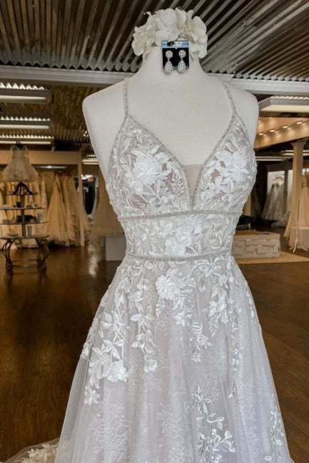 Modern Spaghetti Straps A-Line Wedding dresses With Lace-BMbridal.com