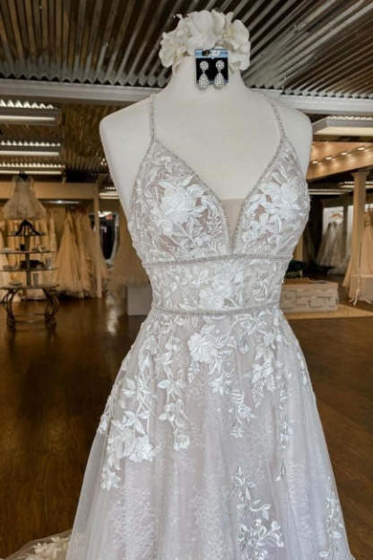 Modern Spaghetti Straps A-Line Wedding dresses With Lace-BMbridal.com