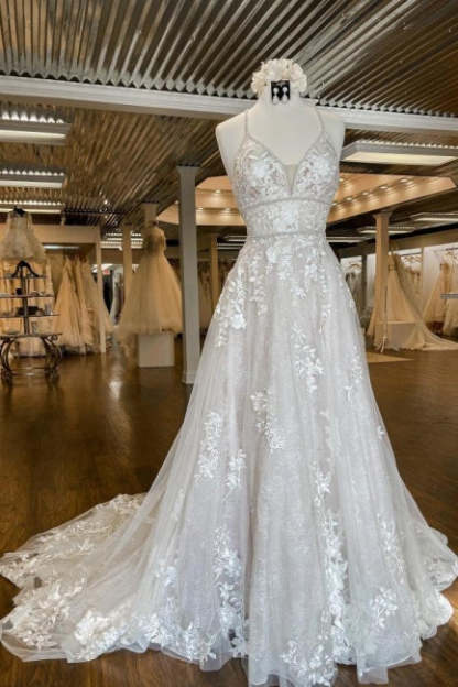 Modern Spaghetti Straps A-Line Wedding dresses With Lace-BMbridal.com