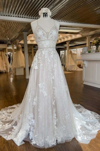 Modern Spaghetti Straps A-Line Wedding dresses With Lace-BMbridal.com