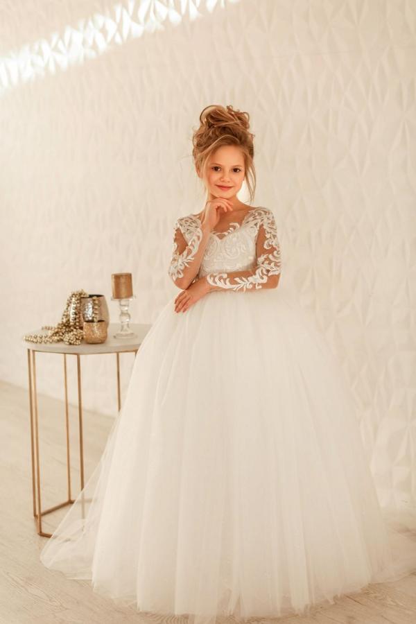 Modest Long Princess Tulle Lace Appliques flower girl dress with sleeves-BMbridal.com