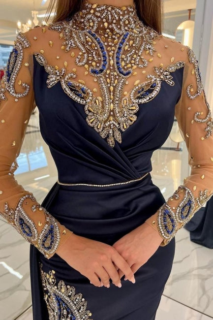 Navy Blue Long Glitter Evening Dresses Prom Dresses With Sleeves-BMbridal.com