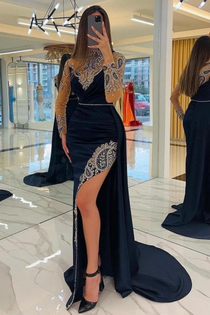 Navy Blue Long Glitter Evening Dresses Prom Dresses With Sleeves-BMbridal.com