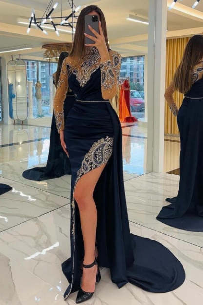 Navy Blue Long Glitter Evening Dresses Prom Dresses With Sleeves-BMbridal.com