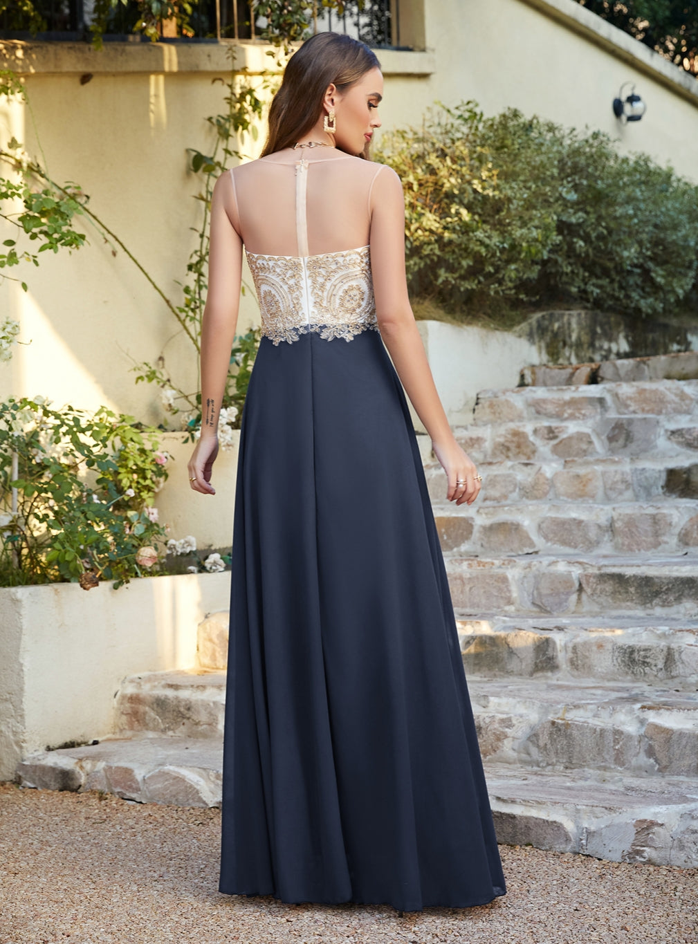 A-line Scoop Chiffon Appliques Floor-Length Dresses Dark Navy-BMbridal